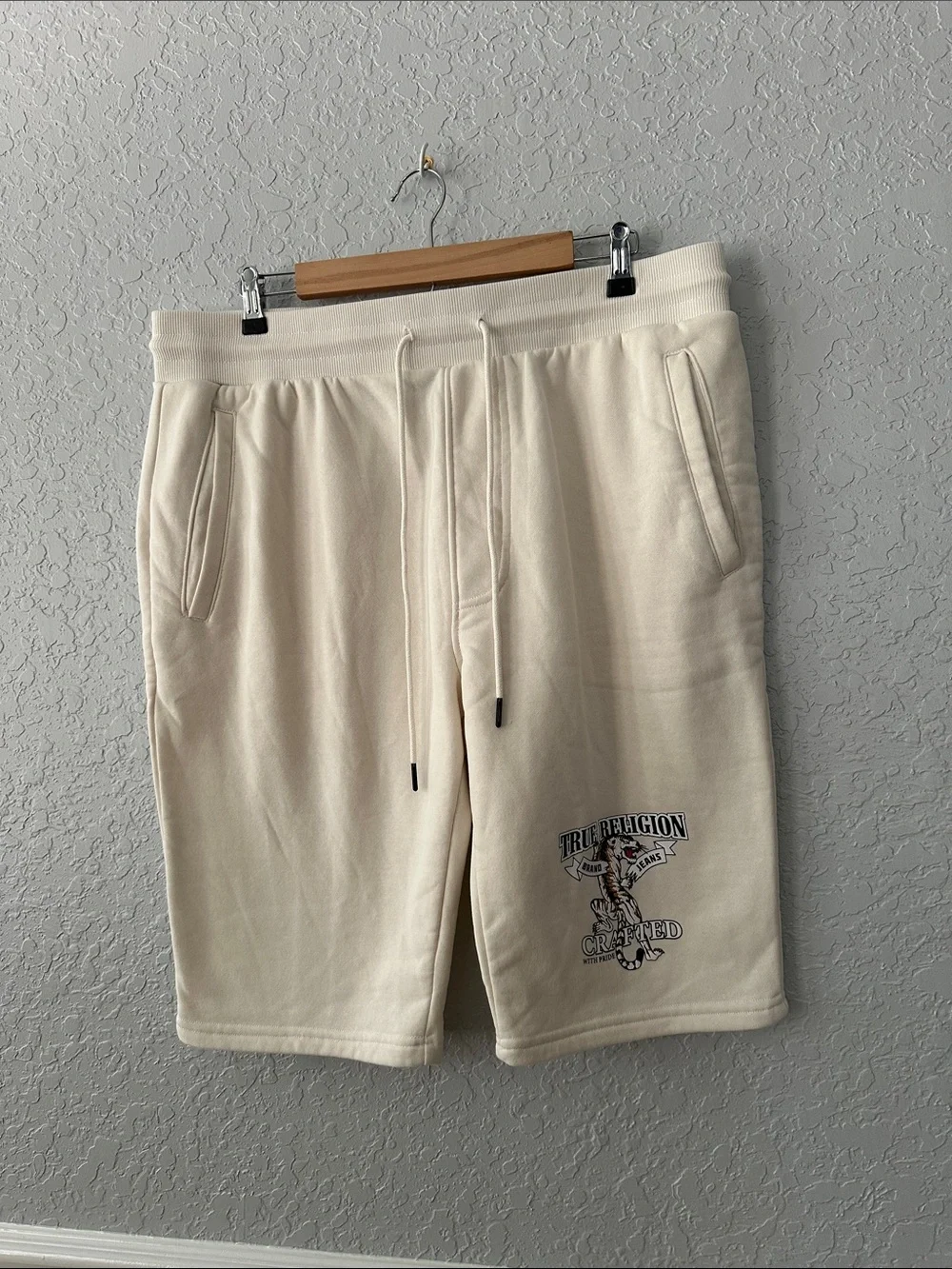 True Religion Men's Cream Drawstring Athletic Shorts with Logo
